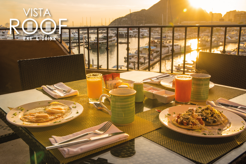 Cabo Marina view Breakfast at Tesoro's Vista Roof Restaurant